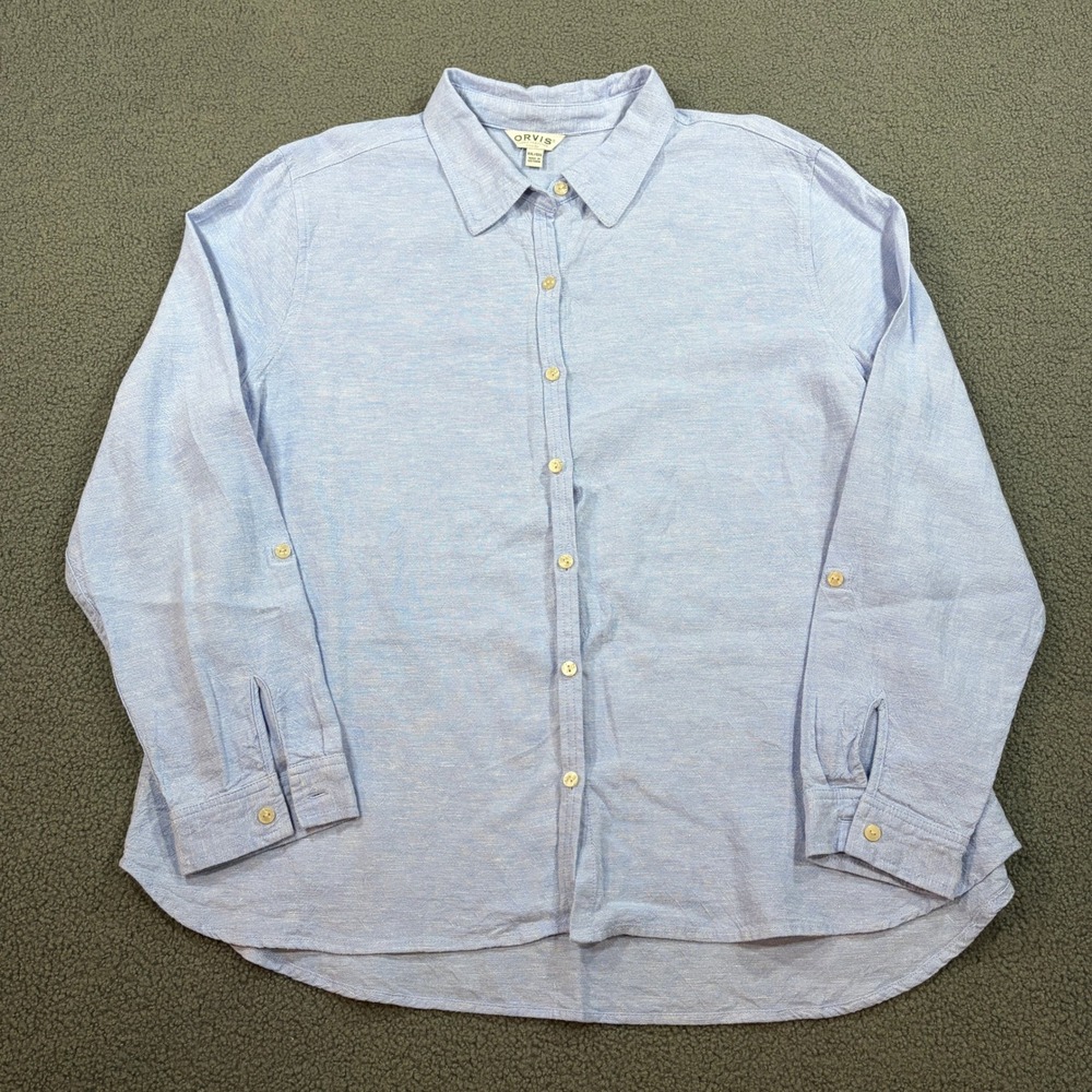 Orvis Button Down Womens XXL Blue Linen Blend Roll Tab Sleeve Classic Shirt